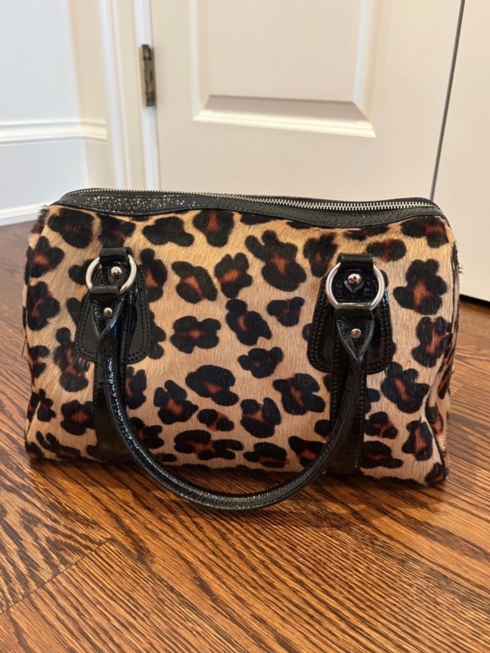 Genuine Leather Leopard Print Fur Bag with Black Trim